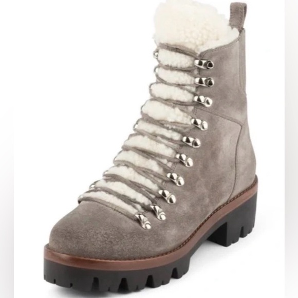 Jeffrey Campbell Gray Suede Lace Up Boots Sherpa Culvert White Cream Beige 6.5 8 - Picture 1 of 13